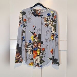 Boden Viscose Dainty Pleated Blue Floral Blouse Long Sleeve Size 10 Like New